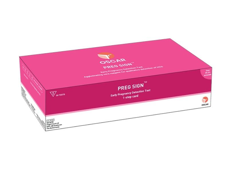 Preg SignOSCAR Preg Sign Test Device is a rapid, qualitative, two site sandwich immunoassay for the determination of human chorionic gonadotropin (hCG), a marker for pregnancy, in urine specimens.For professional use only.Sensitivity: The test has been standardized to the World Health Organization International Standard Pack Size: 50 Tests