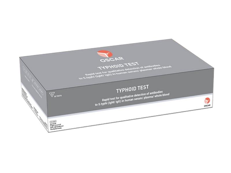 Typhoid TestOscar Typhoid IgM / IgG TEST DEVICE is an in vitro diagnostic rapid test based on the principle of immunochromatography on a membrane for differential detection of IgM and IgG antibodies to Salmonella typhi (S. typhi) in human serum, plasma or whole blood. For professional use only.Sensitivity: 92% for IgM and 93% for IgGSpecificity: 99% for IgM and 99% for IgGPack Size: 50 Tests