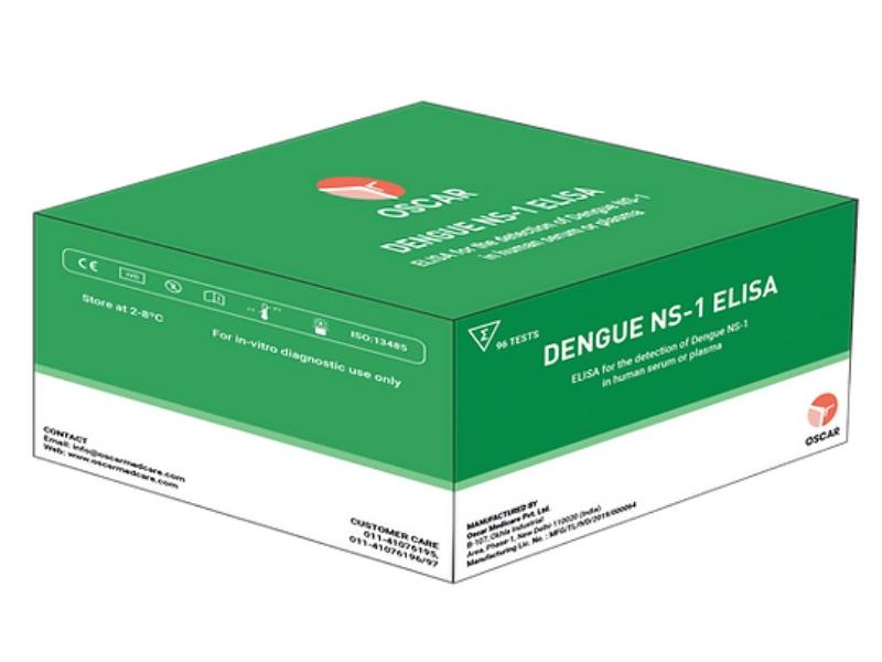 Dengue Antigen (NS1)ELISA TestOSCAR Dengue NS1 ELISA is intended to be used for the detection of Dengue NS1 antigen in human serum or plasma.Specificity: 100%Sensitivity: 100%Pack Size: 96 Tests