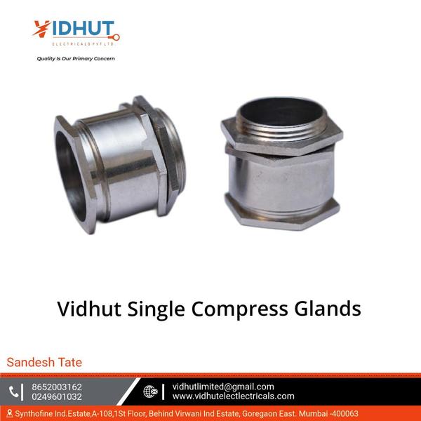 Single Compress Glands are devices used in electrical and electronic installations to provide a secure and watertight seal around cables or wires as they pass through an enclosure, such as a junction box, control panel, or equipment housing. These glands ensure that the enclosure remains protected against environmental factors such as dust, moisture, and debris.