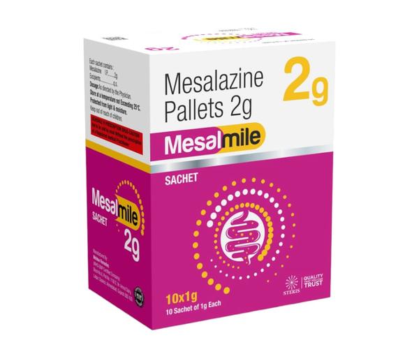 MESALMILE 2 Mesalazine (2g)Mesalmile 2 is a medication containing Mesalazine at a strength of 2 grams. It is commonly used in the treatment of inflammatory bowel diseases such as ulcerative colitis and Crohn's disease. Mesalazine, also known as 5-aminosalicylic acid (5-ASA), works by reducing inflammation in the intestines, which helps relieve symptoms like abdominal pain, diarrhea, and rectal bleeding. This medication is typically taken orally and may be prescribed in different dosages depending on the severity of the condition. It's important to follow your healthcare provider's instructions and dosage recommendations for optimal results. Common side effects may include nausea, vomiting, diarrhea, headache, and rash. If you experience severe side effects or allergic reactions, seek medical attention promptly.
