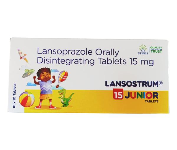 LANSOSTRUM 15 JUNIOR Lansoprazole (15mg)Lansostrum 15 Junior contains Lansoprazole 15mg, an effective proton pump inhibitor (PPI) used to treat acid-related disorders like gastroesophageal reflux disease (GERD), ulcers, and heartburn. Its mechanism reduces stomach acid production, alleviating symptoms and promoting healing. This formulation is specifically designed for pediatric use, ensuring accurate dosage and safety for children. Common side effects may include headache, nausea, and diarrhea, usually mild and temporary. It's crucial to follow prescribed doses and consult a healthcare professional for proper usage and any concerns.
