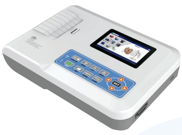 General Features
AC/DC Operated
3 channel ECG with Interpretation
Rechargeable Lithium Battery
Battery backup :Approx.1.5 hours
(with continuous printing)
Simultaneous display 3/6/12 leads ECG waveform
and can remark the lead sign, sensitivity paper speed
and filter state
Data interpretation
It can store more than 100 patient's datalCases),
more convenient for data review& statistics
Portable, Light weight and sturdy design
Mode of printing: Automatic/Manual
#3.5