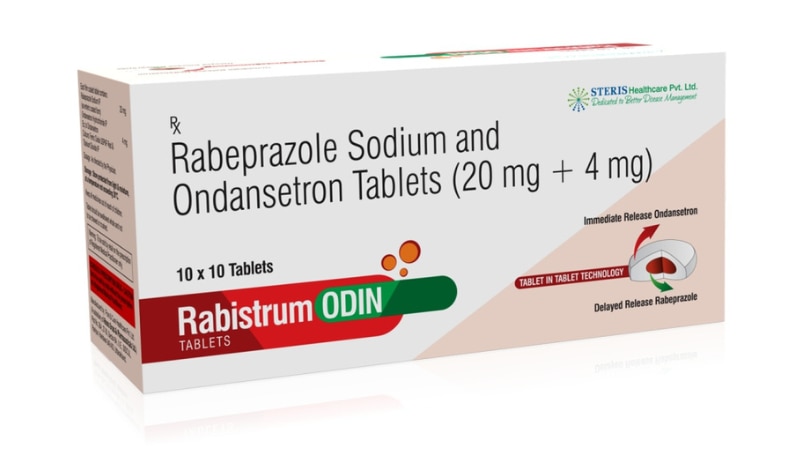 RABISTRUM ODINRabeprazole Sodium (20mg) & Ondansetron (4mg)RABISTRUM ODIN combines Rabeprazole Sodium (20mg) and Ondansetron (4mg) to effectively manage gastrointestinal discomfort. Rabeprazole reduces stomach acid, alleviating GERD and acid reflux symptoms, while Ondansetron helps control nausea and vomiting, making it ideal for patients experiencing GI upset due to acid-related conditions or therapy. This dual-action formula provides comprehensive relief, ensuring better digestive health with a convenient dosing regimen.