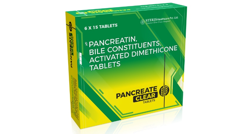 PANCREATE CLEAR Pancreatin (192mg) . Bile Constituents (25mg), Activated Dimethicone(40mg)PANCREATE CLEAR is an advanced digestive aid featuring a potent blend of Pancreatin (192mg), Bile Constituents (25mg), and Activated Dimethicone (40mg). This carefully formulated medication helps in the digestion of fats, proteins, and carbohydrates while reducing gas and discomfort from indigestion. Suitable for individuals with pancreatic insufficiency, PANCREATE CLEAR enhances nutrient absorption and supports overall digestive health. Ideal for improving gastrointestinal function and comfort after meals.