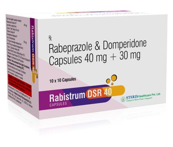 RABISTRUM DSR 40Domperidone (30mg SR), Rabeprazole (40mg)Rabistrum DSR 40 is a potent gastroprotective medicine composed of Domperidone (30mg SR) and Rabeprazole (40mg). Domperidone aids in relieving nausea and vomiting by enhancing gastrointestinal motility. Rabeprazole, a proton pump inhibitor, reduces stomach acid production, alleviating acid reflux and ulcers. This combination effectively manages gastroesophageal reflux disease (GERD), peptic ulcers, and dyspepsia. It's crucial to follow prescribed dosages and duration to optimize therapeutic benefits while minimizing potential side effects like dizziness, diarrhea, or headache.
