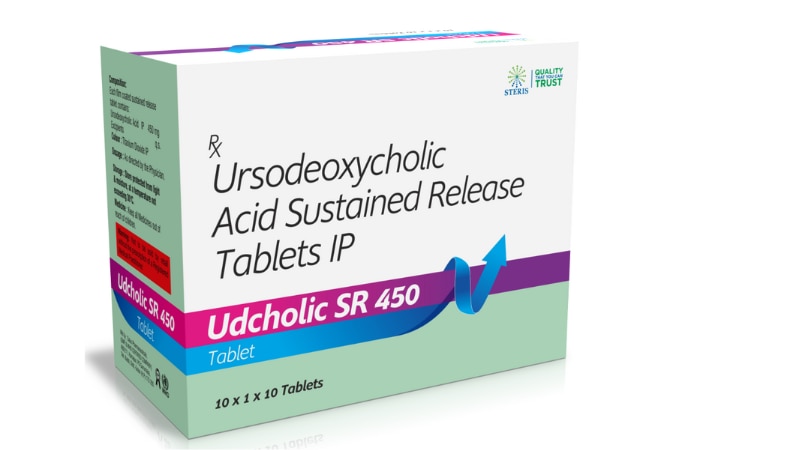 UDCHOLIC SR 450 Ursodeoxycholic Acid (450 mg)UDCHOLIC SR 450 is a pharmaceutical formulation containing Ursodeoxycholic Acid (UDCA) in a sustained-release form with each tablet containing 450 mg of UDCA. Ursodeoxycholic Acid is a bile acid that plays a vital role in dissolving cholesterol gallstones and improving liver function in certain liver disorders.UDCHOLIC SR 450 is commonly prescribed for patients with cholesterol gallstones where surgery is not an option or as a maintenance therapy post-surgery to prevent gallstone recurrence. It works by reducing the production of cholesterol and promoting the secretion of bile, which aids in the dissolution of cholesterol stones.The sustained-release formulation ensures a steady release of the medication over time, maintaining therapeutic levels in the body and reducing the frequency of dosing. This enhances patient compliance and convenience.UDCHOLIC SR 450 should be taken as directed by a healthcare professional, typically with meals to maximize its effectiveness. Common side effects may include mild gastrointestinal discomfort such as diarrhea or abdominal pain, which usually subside with continued use.It's important to follow the prescribed dosage and consult a doctor if any side effects persist or worsen. UDCHOLIC SR 450 offers a convenient and effective option for managing cholesterol gallstones and related liver conditions.