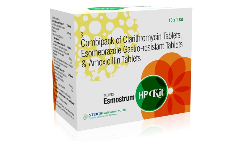 ESMOSTRUM HP KITCombipack of Clarithromycin Tablet, Esomeprazole GR Tablet & Amoxicillin TabletESMOSTRUM HP KIT is a comprehensive combination pack that includes three essential medications for gastrointestinal health: Clarithromycin Tablet, Esomeprazole GR Tablet, and Amoxicillin Tablet.Clarithromycin Tablet: This component belongs to the macrolide antibiotic class, effective against a wide range of bacterial infections. It works by inhibiting bacterial protein synthesis, aiding in the eradication of harmful bacteria.Esomeprazole GR Tablet: As a proton pump inhibitor (PPI), Esomeprazole reduces stomach acid production by blocking the proton pumps in the stomach lining. This helps in treating acid-related conditions like gastroesophageal reflux disease (GERD) and ulcers.Amoxicillin Tablet: Amoxicillin is a potent antibiotic belonging to the penicillin group, effective against various bacterial infections. It works by inhibiting bacterial cell wall synthesis, leading to bacterial cell death and clearance of the infection.ESMOSTRUM HP KIT combines these medications to provide a synergistic approach in treating gastrointestinal issues caused by bacterial infections or acid-related conditions. It is crucial to follow the prescribed dosage and duration as directed by your healthcare provider for optimal therapeutic outcomes.