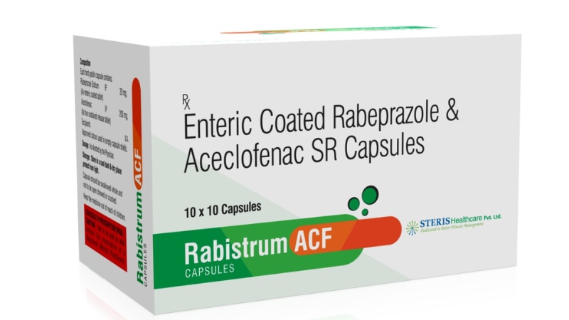 RABISTRUM ACFEC Rabeprazole (20mg), & Aceclofenac (200mg SR)RABISTRUM ACF is a combination medication containing EC Rabeprazole 20mg and Aceclofenac 200mg SR. It is used to manage acid-related disorders like GERD and to relieve pain and inflammation in conditions such as arthritis. EC Rabeprazole is a proton pump inhibitor that reduces stomach acid production, while Aceclofenac is a nonsteroidal anti-inflammatory drug (NSAID) that alleviates pain and swelling. RABISTRUM ACF provides dual-action relief for gastrointestinal discomfort and pain, offering comprehensive support for patients with acid reflux and inflammatory conditions.