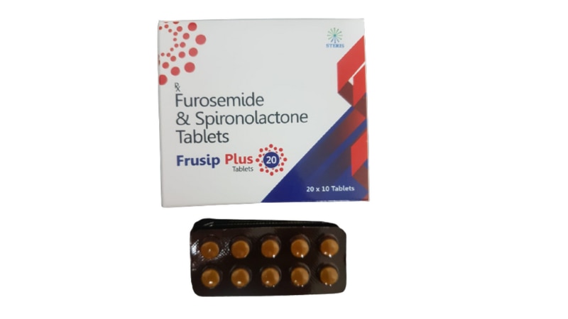 FRUSIP PLUS 20 Furosemide (20 mg) & Spironolactone (50mg)FRUSIP PLUS 20 combines Furosemide (20 mg) and Spironolactone (50 mg) to effectively manage fluid retention (edema) in conditions such as heart failure, liver disease, and kidney disorders. This synergistic blend optimizes fluid balance and controls blood pressure, enhancing patient well-being with its potent diuretic action.