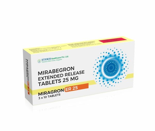 MIRAGRON ER 25Mirabegron (25mg)Miragron ER 25 is a medication containing 25mg of Mirabegron, specifically designed for the treatment of overactive bladder (OAB). By relaxing the bladder muscles, Mirabegron ER 25 effectively reduces urinary urgency, frequency, and instances of incontinence. This extended-release formulation ensures a steady control of symptoms throughout the day, improving patient comfort and quality of life. Suitable for adults, it is taken once daily.