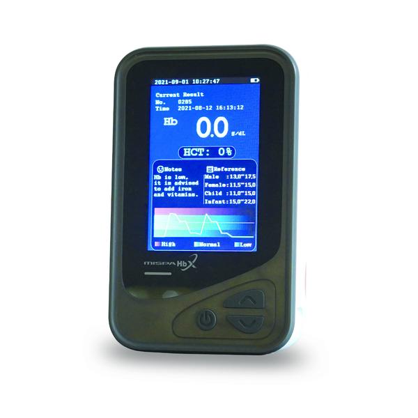 MispaHbXPortable Haemoglobin AnalyzerOverviewMispa HbX , Smart Haemoglobin analyzer is a symbol of advanced point of care equipment with modern technology and convenience, designed to deliver high accuracy, quality results with least turnaround time and low maintenance.Best in Class Hemoglobin MeterMispa HbX, the Smart Haemoglobin Analyzer, is the best example of an advanced point-of-care hemoglobin reader with modern technology. It is easy to use and designed to deliver accurate, high-quality results with the shortest turnaround time and minimal maintenance. This digital Hb meter is one of the best hemoglobin meters available.Working of A Hemoglobin Meter or a hemoglobin reader A hemoglobin meter or a hemoglobin reader measures the amounts of hemoglobin and hematocrit in whole blood. Hemoglobin tests are typically performed to determine the RBC count, the severity of anemia, hematocrit, and other haematological factors. It is widely utilized during blood donations and key decisions such as blood transfusions.HbX works with Spectrophotometry Scattered compensation Technology for accurate and quick results Results will be retrieved with in less than 3 seconds after sample reading starts Sample Required: 7ul Capillary or Venous bloodThree Step procedure makes HbX more convenient to use CV value will be less than 1.5 % 6 Hours Battery Backup makes it a hand equipment2000 Data storage capacity Micro Fluidic cuvettes with 2 year Shelf life