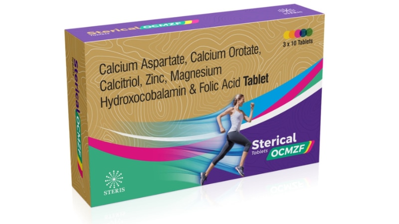 STERICAL OCMZF Calcium Astartate, Calcium Orotate, Hydroxocobalamin & Folic Acid TabsSTERICAL OCMZF tablets are a combination supplement containing Calcium Aspartate, Calcium Orotate, Hydroxocobalamin, and Folic Acid. Calcium Aspartate and Calcium Orotate are forms of calcium that support bone health and overall wellness. Hydroxocobalamin is a form of Vitamin B12 that plays a crucial role in red blood cell formation and nerve function. Folic Acid, also known as Vitamin B9, is essential for cell growth and DNA synthesis. Together, these ingredients contribute to maintaining healthy bones, supporting red blood cell production, and promoting overall vitality.