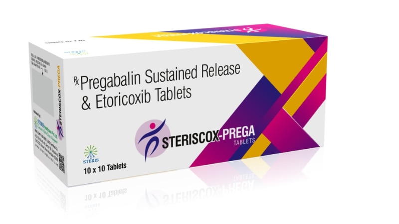 STERISCOX PREGA Pregabalin SR & Etoricoxib TabSTERISCOX PREGA is a combination medication containing Pregabalin SR (Sustained Release) and Etoricoxib tablets. Pregabalin SR is a drug used to treat neuropathic pain, seizures, and generalized anxiety disorder by controlling brain chemicals. Etoricoxib is a nonsteroidal anti-inflammatory drug (NSAID) used to relieve pain and inflammation in conditions like osteoarthritis and rheumatoid arthritis. This combination offers dual benefits, addressing both neuropathic pain and inflammation, enhancing patient comfort and mobility.