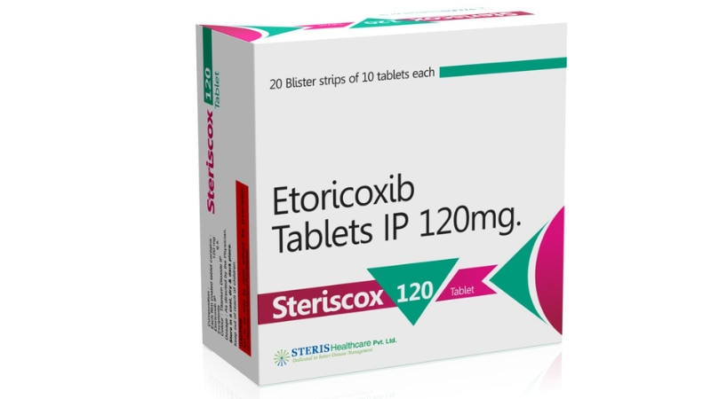 STERISCOX 120 Etoricoxib Tablets IP (120mg)STERISCOX 120 contains Etoricoxib, an anti-inflammatory used to relieve pain and inflammation in conditions like arthritis. Each tablet contains 120mg of Etoricoxib, providing effective relief. Consult your doctor for proper dosage and usage instructions.