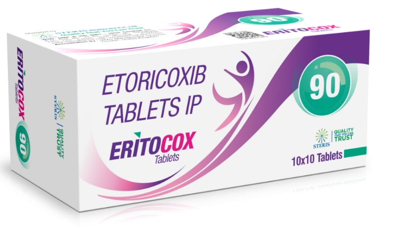 ERITOCOX 90 Etoricoxib Tablets (90mg)ERITOCOX 90 is a medication in the form of Etoricoxib Tablets (90mg). It belongs to the class of nonsteroidal anti-inflammatory drugs (NSAIDs) used for pain relief in conditions like osteoarthritis, rheumatoid arthritis, and ankylosing spondylitis. It works by reducing inflammation and pain, improving joint function. However, it's essential to use it under medical supervision due to potential side effects like stomach ulcers, kidney problems, and cardiovascular risks. Always follow the prescribed dosage and consult a healthcare professional for guidance.