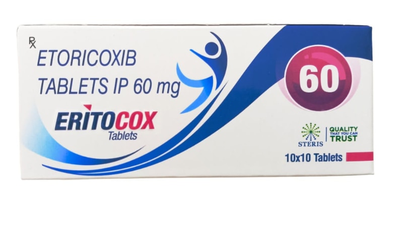 ERITOCOX 60 Etoricoxib Tablets (60mg)ERITOCOX 60: Etoricoxib Tablets (60mg) offer potent relief from pain and inflammation. Ideal for arthritis and musculoskeletal disorders, it inhibits COX-2 enzymes, reducing discomfort. Once daily dosing ensures convenient management of chronic conditions.