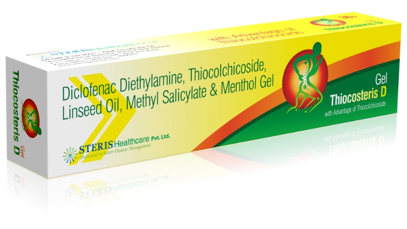THIOCOSTERIS D GEL Diclofenac, Thio., Linseed oil, Methyl, Menthol TubeThiocosteris D Gel is a topical formulation containing Diclofenac, Thio., Linseed oil, Methyl Salicylate, and Menthol. It offers targeted relief for pain and inflammation, making it ideal for joint and muscle conditions. Apply a thin layer to affected areas up to 3-4 times daily, gently massaging for absorption.