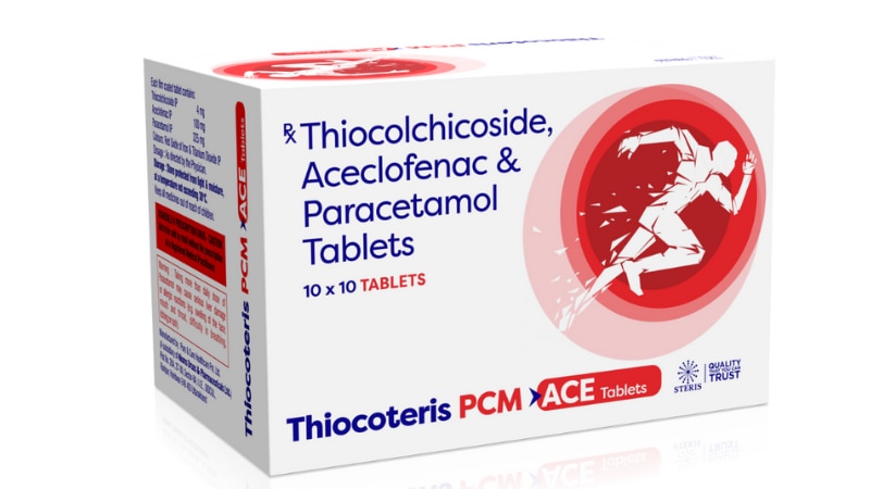 THIOCOTERIS PCM ACE Thiocolchicoside (4mg) ,Aceclofenac (100mg) & Paracetamol (352mg)THIOCOTERIS PCM ACE is a potent combination of Thiocolchicoside (4mg), Aceclofenac (100mg), and Paracetamol (352mg). It offers effective relief from pain, inflammation, and muscle spasms. Thiocolchicoside acts as a muscle relaxant, Aceclofenac reduces pain and inflammation, while Paracetamol provides additional analgesic and antipyretic effects. This combination is commonly prescribed for conditions like musculoskeletal pain, arthritis, and fever, providing comprehensive relief with a balanced formulation.