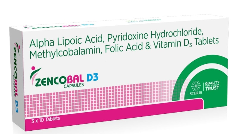 ZENCOBAL D3Alpha Lipoic Acid, Pyridoxine Hydrochloride, Methylcobalamin, Folic Acid & Vitamin D3ZENCOBAL D3 Tablets combine potent ingredients for enhanced health benefits:Alpha Lipoic Acid: A powerful antioxidant supporting nerve health.Pyridoxine Hydrochloride: Vital for nerve function and metabolism.Methylcobalamin: Boosts energy, aids nerve regeneration, and supports red blood cell production.Folic Acid: Essential for DNA synthesis and cell repair, crucial during pregnancy.Vitamin D3: Supports bone health, immunity, and mood regulation.These tablets offer a comprehensive approach to overall wellness, especially benefiting nerve health, energy levels, and immunity.