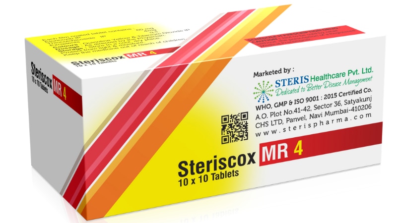 STERISCOX MR 4Etoricoxib (60mg), Thiocolchicoside (4mg)STERISCOX MR 4 combines Etoricoxib (60mg) and Thiocolchicoside (4mg) for effective management of muscle spasms and pain. Etoricoxib, a potent NSAID, reduces inflammation and pain, while Thiocolchicoside acts as a muscle relaxant to alleviate muscle stiffness or spasm. Ideal for adults experiencing musculoskeletal discomfort, it should be used under medical guidance due to potential side effects. Always consult your doctor for personalized advice and dosage adjustments.