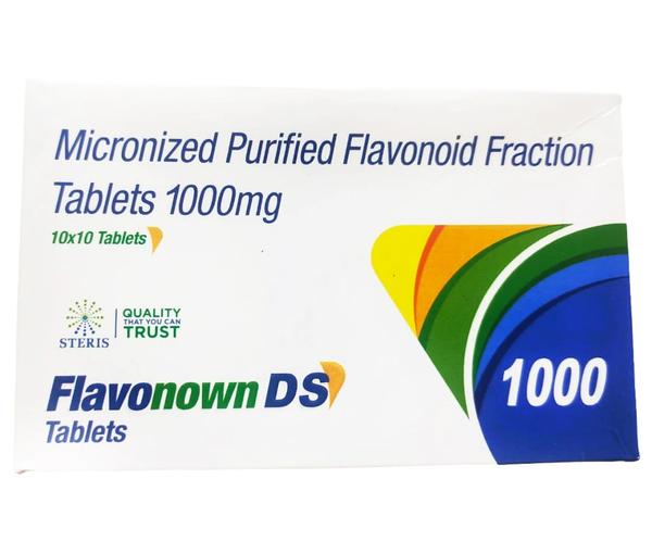FLAVONOWN DS 1000 Micronized purified Flavonoid Fraction 1000 mgFlavonown DS 1000 is a medication containing Micronized Purified Flavonoid Fraction, with each dose providing 1000 mg of this active ingredient. Micronized purified flavonoids are derived from natural plant sources and are known for their potent antioxidant and anti-inflammatory properties.This medication is commonly used to support vascular health by improving blood circulation and reducing the symptoms associated with venous insufficiency. It helps strengthen blood vessel walls, reducing their permeability and preventing the leakage of fluids into surrounding tissues. This action is particularly beneficial for individuals suffering from conditions like varicose veins, venous ulcers, and chronic venous insufficiency.Flavonown DS 1000 works by inhibiting enzymes that degrade the structural components of blood vessels, thereby maintaining their integrity and function. It also has anti-inflammatory effects, which can further alleviate swelling, pain, and discomfort associated with vascular issues.The recommended dosage and duration of treatment with Flavonown DS 1000 should be determined by a healthcare professional based on individual patient needs and medical history. It is important to follow the prescribed regimen and not exceed the recommended dose without medical guidance.As with any medication, Flavonown DS 1000 may have potential side effects or interactions with other drugs, so it's crucial to inform your healthcare provider about any existing medical conditions or medications before starting this treatment.