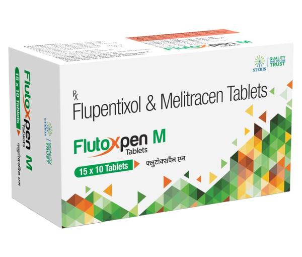FLUTOXPEN M Flupentixol (0.5mg), Melitracen (10mg)Flutoxpen M is a medication that combines Flupentixol (0.5mg) and Melitracen (10mg) in each tablet. Flupentixol is an antipsychotic drug that works by balancing certain chemicals in the brain, helping to treat symptoms of schizophrenia and other psychotic disorders. Melitracen, on the other hand, is a tricyclic antidepressant that acts by increasing the levels of neurotransmitters like serotonin and norepinephrine in the brain, which can improve mood and alleviate symptoms of depression.Together, Flupentixol and Melitracen in Flutoxpen M create a synergistic effect that can effectively manage conditions such as depression with psychotic features. It is important to follow the prescribed dosage and instructions provided by your healthcare provider when using Flutoxpen M. Common side effects may include drowsiness, dry mouth, constipation, blurred vision, and weight gain. If you experience any severe or persistent side effects, consult your doctor promptly.