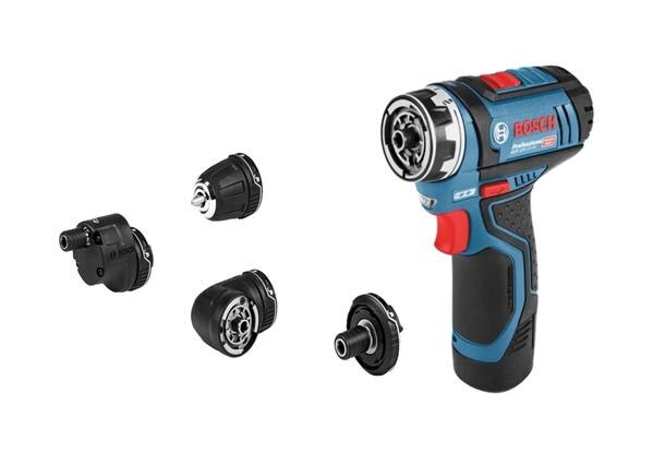 FAIR TRADE CORPORATION (FTC MUMBAI) Authorised Dealers for BOSCH GSR 12V-15 FC PROFESSIONAL CORDLESS DRILL/DRIVEROrder Number: 0 601 9F6 0F0FUNCTIONS & KEY FEATURES:- Compact and flexible for any job in the 12 Volt class- Extremely short body design of 132 mm for drilling, fixing and screw driving in tight spaces- Bosch FlexiClick interface with integrated magnetic bit holder enables attachment of a bit holder, a chuck adapter, an angle adapter and an offset angle adapter- Angle and offset angle adapters can be adjusted and locked in 16 different positions with 360-degree mobility while on the drill- “One-Click” interface ensures a tight fix to the machine at a glanceINCLUDED IN THIS VARIANT:- Quick charger GAL 12V-40 Professional (Order number: 1 600 A01 9R5)- Offset angle adapter GFA 12-E (Order number: 1 600 A00 F5N)- Bit holder attachment GFA 12-X (Order number: 1 600 A00 F5J)- Drill chuck adapter GFA 12-B (Order number: 1 600 A01 169)- 2 x battery GBA 12V 2.0Ah (Order number: 1 600 A00 1BT)- Carrying case - Angle adapter GFA 12-W Professional (Order number: 1 600 A01 16A)TECHNICAL DATAADDITIONAL DATA:- Torque (soft/hard/max.): 15/30/- Nm- No-load speed (1st gear / 2nd gear): 0 – 400 / 0 – 1,300 rpm- Battery voltage: 12.0 V- Battery type: Lithium-Ion- Chuck capacity, min./max.: 1 / 10 mm- Weight excl. battery: 0.6 kg- Torque settings: 20+1TOTAL VIBRATION VALUES (DRILLING IN METAL)- Vibration emission value ah: 1.5 m/s²- Uncertainty K: 2.5 m/s²TOTAL VIBRATION VALUES (SCREWDRIVING) - Vibration emission value ah: 1.5 m/s²: - Uncertainty K: 2.5 m/s²DRILLING IN METAL:- Vibration emission value ah: 1.5 m/s²- Uncertainty K: 2.5 m/s²SCREWDRIVING:- Vibration emission value ah: 1.5 m/s²- Uncertainty K: 2.5 m/s²The A-rated noise level of the power tool is typically as follows: Sound pressure level 79 dB(A); Sound power level 79 dB(A). Uncertainty K= 3 dB.