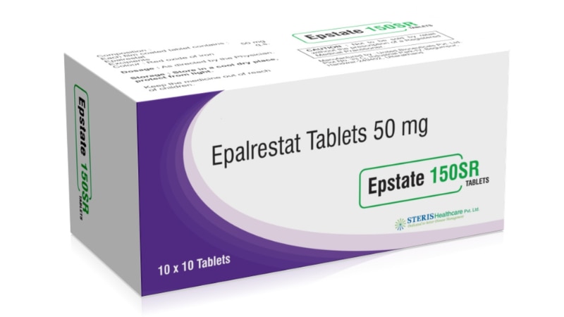EPSTATE SR 150Epalrestat Tablets ER (50mg)EPSTATE SR 150 features Epalrestat Tablets ER, an extended-release formulation specifically designed to manage and treat diabetic neuropathy. Each tablet contains 150 mg of Epalrestat, which effectively inhibits aldose reductase. This action is crucial in slowing the glucose conversion into sorbitol, a sugar alcohol that, when accumulated, contributes to nerve, eye, and kidney damage associated with diabetes. By managing this pathway, EPSTATE SR 150 helps alleviate symptoms such as pain, numbness, and tingling sensations in the limbs, thus enhancing the quality of life for diabetic patients. This medication is a step forward in preventive diabetic care, focusing on long-term nerve health.