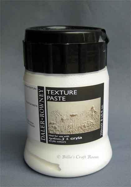 A thick paste which is used to build up heavy layers of texture.It dries to a matt white finish is ideal for over painting with acrylic colour.Texture paste can be applied to a wide variety of grease free surfaces.If the texture paste is to applied to a more flexible surface then the paste should be mixed with acrylic Impasto Gel Medium (Matt), In such circumstances it is important to increase the amount of Gel Medium according to the thickness of the paste applied.