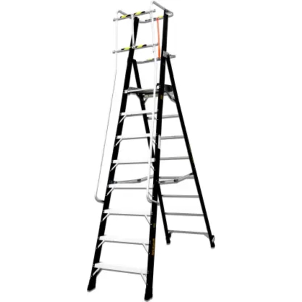 Large comfortable slip-resistant platform-Wide feet slip-resistant serrated aluminum steps for safe climbing-Safety Hand Rails: Secure Hand Rails for Climbing up & down-Safety Bar: Works hands-free in Comport-Heavy-duty slip-resistant safety shoes-Safety Standard: P5400H Series will comply with OSHA / ANSI 14.5 requirements and will carry a load capacity up to 300 lbs Type I A