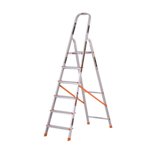 Knee height guard rail for safety.-Rails made from aluminum extruded profiles for maximum stability.-Wide comfortable powdered coated platform with non-slip surface.-Front and rear rail strengthened by riveting to each other – no plastic hinges.-Safety strap for models 106, 107, and 108.-Slip-resistant safety shoes.