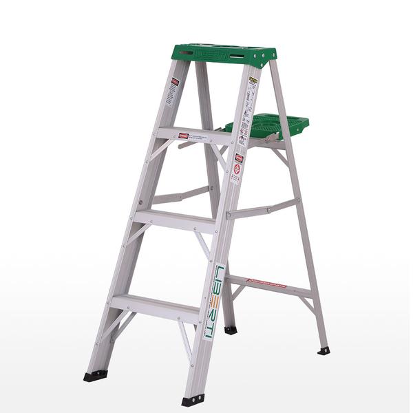 Moulded copolymer utility top to hold tools and a hook to hang a bucket-Wide” 3” slip resistant serrated aluminium steps for safe climbing-Fold down utility tray to hold paint accessories, toolbox etc-Slip resistant safety shoes-Aluminium extruded braces for extra stability-Outside pinch-proof aluminum/dog bone spreader arms