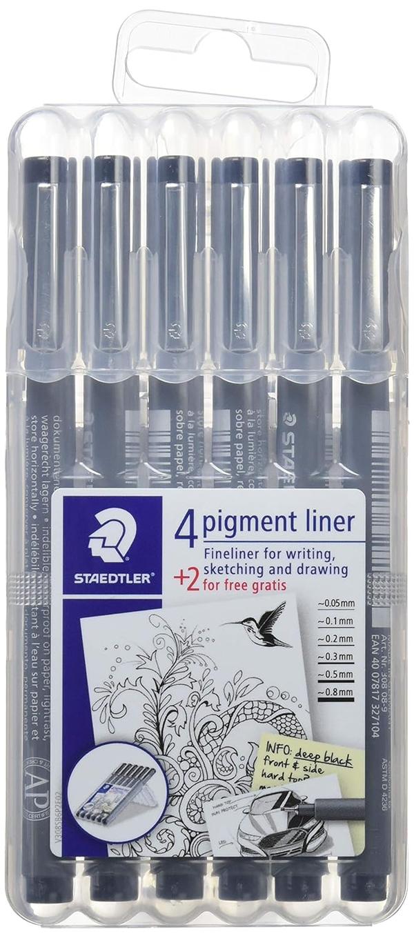 Fineliner for writing, sketching and drawing with long metal tipDesigned for use with rulers and templatesPigment ink, indelible, lightfast and waterproofDry safe ink means the pen can be left uncapped for days without drying upErasable when used on drafting paper, no bleeding when highlighted