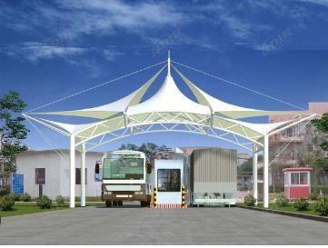 An entrance tensile fabric canopy is a popular architectural feature designed to provide shade and weather protection at the entrance of a building. These canopies are typically made from high-strength, durable materials like PVC-coated polyester, PTFE-coated fiberglass, or ETFE, which are stretched over a frame to create a tensioned structure. Here are some key points to consider about entrance tensile fabric canopies:BenefitsAesthetic Appeal: Tensile fabric canopies offer a modern, sleek look that can enhance the visual appeal of a building's entrance.Durability: The materials used are often resistant to UV rays, weather conditions, and wear and tear, ensuring long-lasting performance.Lightweight: Compared to traditional construction materials, tensile fabrics are lightweight, reducing the load on the building structure.Flexibility: These canopies can be designed in various shapes and sizes, offering flexibility in design to match the architectural vision.Natural Light: Many tensile fabrics are semi-translucent, allowing natural light to filter through while still providing shade and protection from the elements.Design ConsiderationsMaterial Selection: Choose a fabric that meets the specific needs of the project, considering factors like weather resistance, translucency, and aesthetic requirements.Structural Support: The supporting frame, typically made of steel or aluminum, must be designed to handle the tension forces exerted by the fabric and withstand environmental loads such as wind and snow.Anchoring: Proper anchoring is crucial for the stability of the canopy. It should be securely attached to the building or ground using appropriate hardware.Maintenance: While tensile fabrics are low maintenance, regular inspections and cleaning are necessary to ensure longevity and appearance.ApplicationsCommercial Buildings: Used at the entrances of shopping malls, office buildings, and hotels to create an inviting and protected entryway.Public Spaces: Installed in parks, plazas, and other public areas to provide sheltered walkways and gathering spaces.Residential Properties: Can be used in high-end residential projects to add a modern touch to home entrances.Example ProjectsDenver International Airport: Features iconic tensile fabric canopies that are both functional and a signature architectural element.Sydney Olympic Park: Utilizes tensile structures for shading and aesthetic purposes in various facilities.London Stadium: Includes tensile fabric canopies that offer weather protection and enhance the venue's appearance.