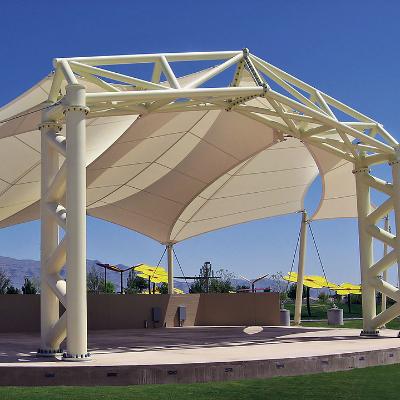 Tensile structure is the term usually used to refer to the construction of roofs using a membrane held in place on steel cables. Their main characteristics are the way in which they work under stress tensile, their ease of pre-fabrication, their ability to cover large spans, and their malleability