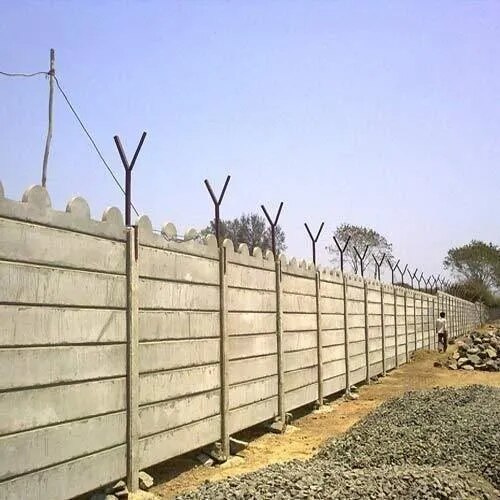 Thickness	50 mmMaterial	RCC, ConcreteBuilt Type	Prefab Build, Panel BuildBeams Size	6 x 6 Inches, 150 x 150 mm, 200 mm x 200 mmHeight	2 Feet - 10 FeetWidth	2 InchesWe are among the distinguished names in the industry for manufacturing and supplying Industrial Compound Wall. The offered wall is ideal for a wide range of industries for providing security solutions. This wall is meant to serve for a life time owing to the its high tensile strength. It can be fixed with barbed wire for ensuring security and is resistant to seepage as well.Features:Resistant to seepageLow maintenanceRobust design
