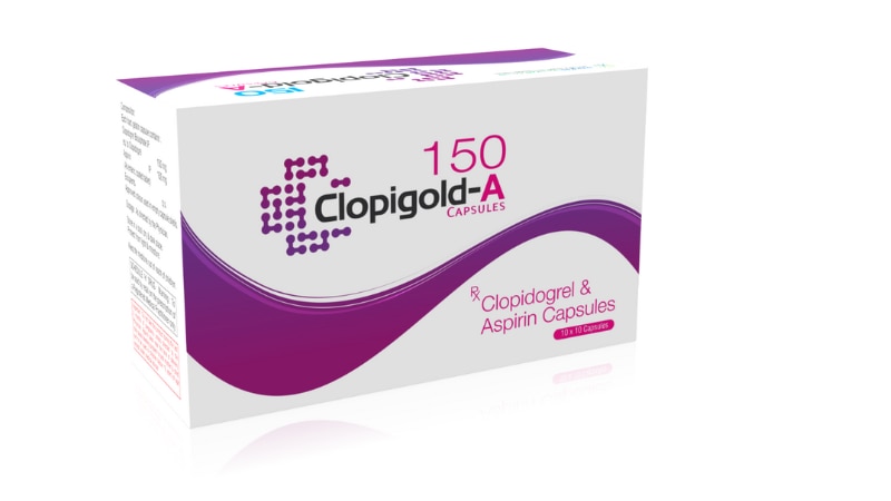 CLOPIGOLD A 150Clopidogrel 75 mg + Aspirin 150 mg CAPSClopigold A 150 combines Clopidogrel 75 mg and Aspirin 150 mg in a capsule form, targeting blood clot prevention and cardiovascular health enhancement.Uses:Primarily prescribed to prevent blood clots and reduce the risk of heart attack and stroke.It's particularly beneficial for individuals with a history of cardiac events.
