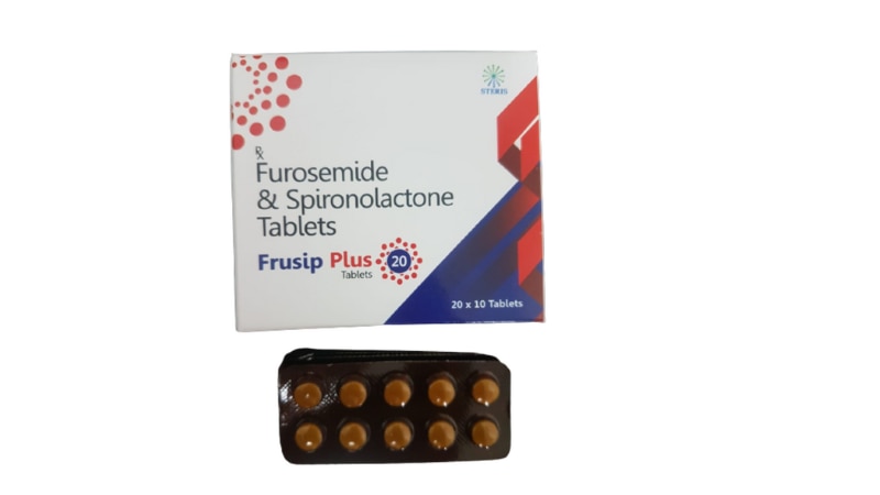 FRUSIP PLUS 20 Furosemide (20 mg) & Spironolactone (50mg)Frusip Plus 20 combines Furosemide 20mg and Spironolactone 50mg, optimizing fluid balance and blood pressure in conditions like congestive heart failure and edema.Uses:Furosemide acts as a potent diuretic, removing excess fluid from the body.Spironolactone enhances this effect by conserving potassium and preventing water retention.