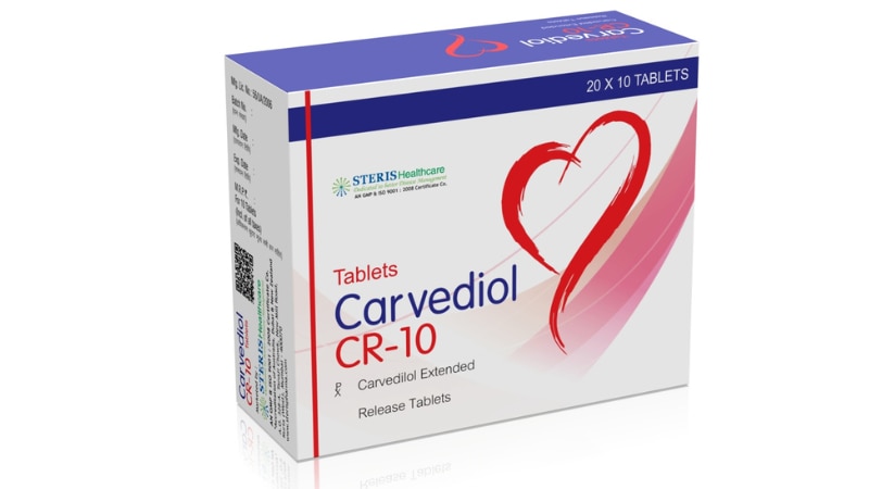 CARVEDIOL CR 10Carvedilol (10mg)Carvediol CR 10 (Carvedilol 10mg) is a medication commonly prescribed to manage conditions such as high blood pressure (hypertension) and heart failure. Carvedilol, the active ingredient, belongs to a class of drugs called beta-blockers, which work by blocking the action of certain natural substances in the body, such as adrenaline, thereby slowing the heart rate and relaxing blood vessels to improve blood flow. This medication is typically taken orally once daily with food, as directed by a healthcare professional. It's crucial to adhere to the prescribed dosage and not to discontinue the medication abruptly without consulting a doctor, as sudden cessation can lead to worsening of heart conditions. Common side effects may include dizziness, fatigue, and low blood pressure. If you experience severe side effects such as shortness of breath, swelling of the hands or feet, or fainting, seek medical attention promptly. Additionally, inform your healthcare provider about any other medications or supplements you are taking, as they may interact with Carvediol CR 10.