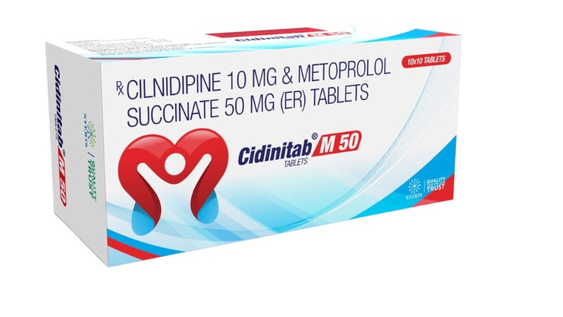CIDINITAB M 50Cilnidipine (10mg) & Metoprolol 50mgCidinitab M 50 combines Cilnidipine (10mg) and Metoprolol (50mg), creating a medication blend primarily used to manage high blood pressure (hypertension) and certain heart conditions like angina (chest pain) and heart failure. Cilnidipine is a calcium channel blocker that relaxes blood vessels, while Metoprolol is a beta-blocker that slows the heart rate and reduces blood pressure. Taken orally, usually once daily, it's important to follow prescribed dosages and not discontinue abruptly without consulting a doctor. Common side effects may include dizziness, fatigue, and low blood pressure. Seek medical attention if severe reactions like difficulty breathing or fainting occur. Inform your healthcare provider of all medications or supplements you take, as they may interact with Cidinitab M 50.
