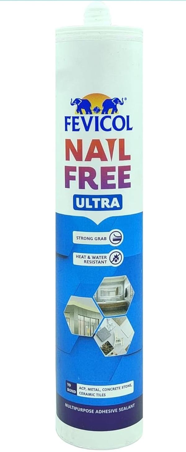 Fevicol Nail Free Ultra Multi-Purpose Silicone Sealant | High Bonding Strength | Water & Heat Resistant | Bonding ACP, Metals, Concrete Stone, CeramicSuperior Adhesion : Ninetales Fevicol Nail Free Silicone sealant is formulated to provide strong and reliable adhesion to a wide variety of surfaces, including glass, ceramics, metals, wood, concrete, and plastics. It ensures a long-lasting bond, reducing the need for frequent repairs or reapplications.Nail-Free Installation : One of the standout features of this product is its ability to eliminate the need for nails or screws in many applications. It provides a secure and durable bond, making it perfect for projects where drilling holes or using mechanical fasteners is not desired.Ultra-Flexible : Fevicol Nail Free Ultra Silicone Sealant offers excellent flexibility, allowing it to accommodate movement and expansion of materials without losing its bond or integrity. This makes it suitable for both indoor and outdoor use.Weather Resistance : Nail Free Silicone sealant is highly resistant to weathering, UV rays, moisture, and extreme temperatures, ensuring that it maintains its performance even in challenging environmental conditions.Quick Curing : It dries quickly, reducing the waiting time for your projects to be completed. This feature is particularly advantageous for tasks that require rapid bonding and sealing.Key applications of Fevicol Nail free Ultra-Elastic bonding of panels or profiles to frames.Mounting wall cladding elements such as ply, ACP, Plywood-laminate composite, alabaster on aluminum channel & wooden frames or walls.Mounting stone slabs for kitchen countertops or dining tables.Sandwiching wooden frames with stones under kitchen platforms for cabinet frame mounting purposes.Fixing mirror/Painted Glass on tiles, plywood, Fiber cement, Bison Board and WPC board.Fixing tiles, marble & granite to plywood, concrete & various other substrates.Providing water-tight seal between two connecting rainwater gutter duct lengths.Can be used for DIY applications for small fixing and repair with compatible substrates.Application technique Fevicol Nail free Ultra-Clean both the surfaces being bonded to ensure that they are clean, dry, and free from dust, dirt, oil, loose particles, or any other contaminants.Cut the Cartridge, insert it into the cartridge gun and fix V-cut nozzle on top.Apply the sealant beads in a zig–zag pattern on one of the substrates with approx.1-inch distance between each sealant bead.It is recommended to keep a gap of 35 mm at all sides of large panels where sealant will be applied to avoid any excess material coming out from the edges and to control any visible gap between the 2 bonded surfaces.Align the surfaces together (as per requirement) as quickly as possible and press firmly for 2-3 minutes. Parts can be re-adjusted up to 6 minutes depending upon the temperature.If the conditions are dry (>35 °C, R.H. < 50 %), it is recommended that the sealant beads be exposed to the atmosphere for 1-2 min before bonding onto other substrate.For putting heavier weights such as glass or stone shelf on wall mounted ‘C’ clamps or brackets, allow the adhesive to cure overnight before putting the shelves in place.Seal the nozzle with help of a tape. If the bottle is to be re-used, ensure it is done within 24-48 hours of opening. Cut the nozzle tip to remove cured sealant before re-use.Wash hands with soap & water after product use.Coverage Area: 21 sq ft/cartridge