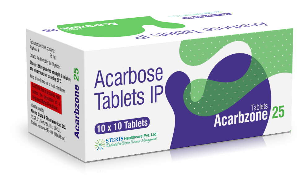 ACARBZONE 25 Acarbose (25mg)Introduction to ACARBZONE 25ACARBZONE 25 contains Acarbose 25mg, a medication used primarily for managing type 2 diabetes mellitus. Acarbose is an alpha-glucosidase inhibitor that helps control blood sugar levels by slowing down the digestion and absorption of carbohydrates in the intestines. This medication is typically used in combination with diet, exercise, and other antidiabetic medications to improve glycemic control in adults with type 2 diabetes.What is Acarbose?Overview of AcarboseAcarbose is an antidiabetic drug that works by inhibiting enzymes in the intestines responsible for breaking down carbohydrates into glucose. By slowing down this process, Acarbose helps prevent spikes in blood sugar levels after meals, providing better overall blood glucose control.Mechanism of ActionAlpha-Glucosidase Inhibition: Acarbose inhibits the alpha-glucosidase enzymes in the small intestine, which are necessary for the breakdown of complex carbohydrates into simple sugars.Delayed Carbohydrate Absorption: By slowing down carbohydrate digestion, Acarbose reduces the postprandial (after-meal) increase in blood glucose levels, helping to maintain more stable blood sugar levels throughout the day.Benefits of ACARBZONE 25Effective Blood Sugar ManagementPostprandial Glucose Control: ACARBZONE 25 helps reduce the spikes in blood sugar levels that occur after meals, which is crucial for effective diabetes management.Complementary Therapy: Acarbose can be used alongside other antidiabetic medications, such as metformin or insulin, to enhance overall glycemic control.Support for Diabetes ManagementDiet and Exercise Adjunct: ACARBZONE 25 is an excellent adjunct to diet and exercise, helping patients achieve better blood sugar control when lifestyle modifications alone are insufficient.Reduced Risk of Complications: By maintaining more stable blood sugar levels, Acarbose can help reduce the risk of long-term complications associated with diabetes, such as cardiovascular disease, neuropathy, and retinopathy.Additional Health BenefitsWeight Management: Acarbose may help with weight management as it slows carbohydrate absorption, potentially leading to reduced caloric intake.Improved Digestive Health: The slowed digestion process can also benefit overall digestive health by reducing the strain on the digestive system.How to Use ACARBZONE 25Dosage and AdministrationRecommended Dosage: The typical starting dose of ACARBZONE 25 is one 25mg tablet taken three times daily, at the start of each main meal. Your healthcare provider may adjust the dosage based on your individual response and blood sugar levels.Administration: Take the tablet with the first bite of each main meal. This timing helps maximize the effectiveness of Acarbose in controlling postprandial blood sugar levels.Guidelines for Optimal UseConsistent Use: For best results, take ACARBZONE 25 consistently as prescribed by your healthcare provider.Monitor Blood Sugar Levels: Regularly check your blood sugar levels to ensure the medication is effectively controlling your diabetes. Adjustments to your treatment plan may be necessary based on these readings.For further information: EMAIL: info@sterispharma.com / contact@sterispharma.com CALL/WHATSAPP: 7877551268, 7849827488 Order Now