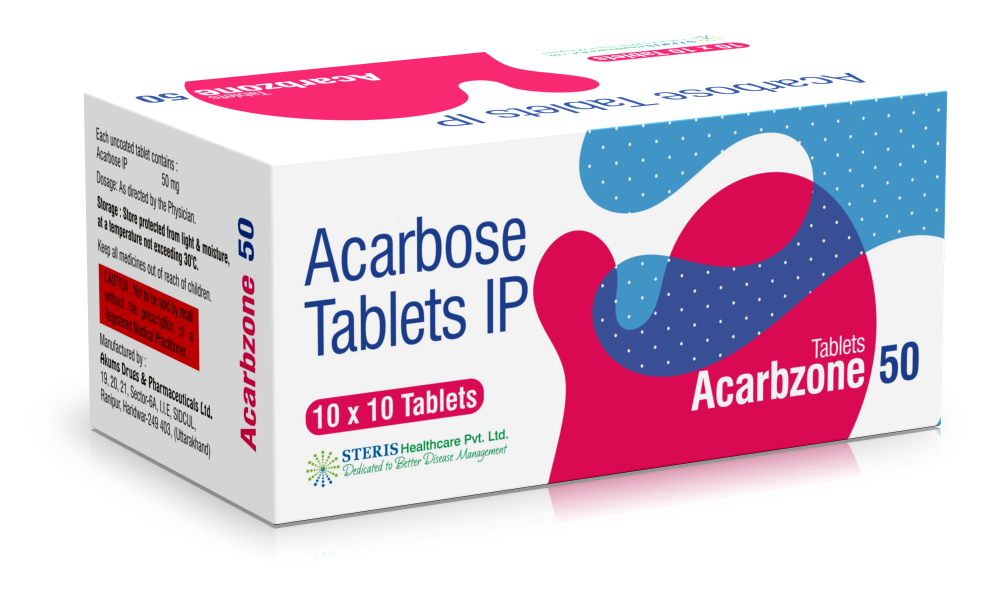 ACARBZONE 50Acarbose (50mg)Introduction to ACARBZONE 50ACARBZONE 50 contains Acarbose 50mg, a medication primarily used to manage type 2 diabetes mellitus. Acarbose is an alpha-glucosidase inhibitor that helps control blood sugar levels by slowing down the digestion and absorption of carbohydrates in the intestines. This medication is typically used in combination with diet, exercise, and other antidiabetic medications to improve glycemic control in adults with type 2 diabetes.What is Acarbose?Overview of AcarboseAcarbose is an antidiabetic drug that works by inhibiting enzymes in the intestines responsible for breaking down carbohydrates into glucose. By slowing down this process, Acarbose helps prevent spikes in blood sugar levels after meals, providing better overall blood glucose control.Mechanism of ActionAlpha-Glucosidase Inhibition: Acarbose inhibits the alpha-glucosidase enzymes in the small intestine, which are necessary for the breakdown of complex carbohydrates into simple sugars.Delayed Carbohydrate Absorption: By slowing down carbohydrate digestion, Acarbose reduces the postprandial (after-meal) increase in blood glucose levels, helping to maintain more stable blood sugar levels throughout the day.Benefits of ACARBZONE 50Effective Blood Sugar ManagementPostprandial Glucose Control: ACARBZONE 50 helps reduce the spikes in blood sugar levels that occur after meals, which is crucial for effective diabetes management.Complementary Therapy: Acarbose can be used alongside other antidiabetic medications, such as metformin or insulin, to enhance overall glycemic control.Support for Diabetes ManagementDiet and Exercise Adjunct: ACARBZONE 50 is an excellent adjunct to diet and exercise, helping patients achieve better blood sugar control when lifestyle modifications alone are insufficient.Reduced Risk of Complications: By maintaining more stable blood sugar levels, Acarbose can help reduce the risk of long-term complications associated with diabetes, such as cardiovascular disease, neuropathy, and retinopathy.Additional Health BenefitsWeight Management: Acarbose may help with weight management as it slows carbohydrate absorption, potentially leading to reduced caloric intake.Improved Digestive Health: The slowed digestion process can also benefit overall digestive health by reducing the strain on the digestive system.How to Use ACARBZONE 50Dosage and AdministrationRecommended Dosage: The typical starting dose of ACARBZONE 50 is one 50mg tablet taken three times daily, at the start of each main meal. Your healthcare provider may adjust the dosage based on your individual response and blood sugar levels.Administration: Take the tablet with the first bite of each main meal. This timing helps maximize the effectiveness of Acarbose in controlling postprandial blood sugar levels.Guidelines for Optimal UseConsistent Use: For best results, take ACARBZONE 50 consistently as prescribed by your healthcare provider.Monitor Blood Sugar Levels: Regularly check your blood sugar levels to ensure the medication is effectively controlling your diabetes. Adjustments to your treatment plan may be necessary based on these readings.For further information: EMAIL: info@sterispharma.com / contact@sterispharma.com CALL/WHATSAPP: 7877551268, 7849827488 Order Nowhttps://www.sterisonline.com/product/acarbzone-50-133413