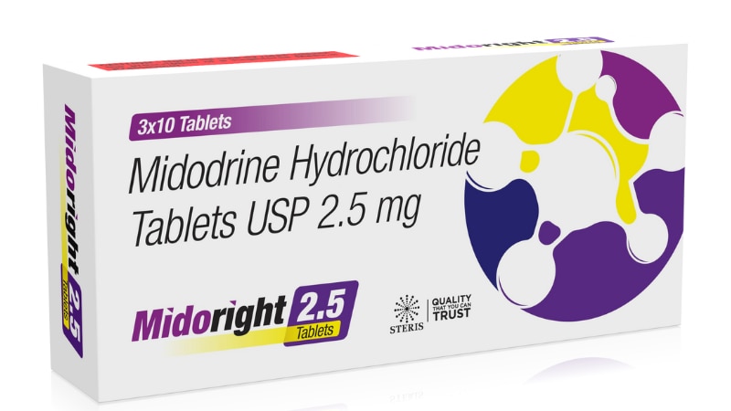 MIDORIGHT 2.5 Midodrine Hydrochloride (2.5mg)MIDORIGHT 2.5 is a medication containing Midodrine Hydrochloride in a 2.5mg dosage strength, used for the management of certain blood pressure conditions.Uses:Treatment of orthostatic hypotension, a condition where blood pressure drops significantly upon standing, causing symptoms like dizziness or fainting.Management of other conditions as determined by a healthcare professional.Dosage:The recommended dose of MIDORIGHT 2.5 may vary depending on the individual's condition and response to treatment. It's crucial to follow the dosage instructions provided by a healthcare professional.Side Effects:Common side effects of MIDORIGHT 2.5 may include headaches, dizziness, tingling sensations, and gastrointestinal symptoms. Serious side effects such as high blood pressure or allergic reactions may occur in some individuals. Consult a healthcare provider for a complete list of side effects.Precautions:Inform your healthcare provider about any medical conditions, medications, or supplements you are taking before starting MIDORIGHT 2.5.Monitor blood pressure regularly while taking this medication.Avoid sudden discontinuation of MIDORIGHT 2.5 without medical supervision.Conclusion:MIDORIGHT 2.5, containing Midodrine Hydrochloride at 2.5mg, is used for the treatment of orthostatic hypotension and other blood pressure conditions. It should be used as directed by a healthcare professional, with regular monitoring for side effects and therapeutic response.For further information:Email: info@sterispharma.com / contact@sterispharma.comCall/WhatsApp: 7877551268, 7849827488ORDER NOWhttps://www.sterisonline.com/product/midoright-2-5-134227