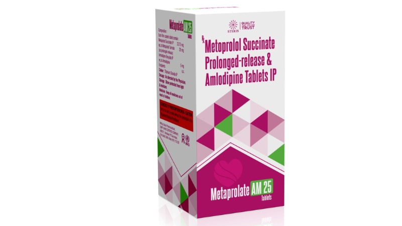 METAPROLATE AM 25Metaprolol SR (25mg) + Amlodipine (5mg)METAPROLATE AM 25 is a combination medication containing Metoprolol SR (25mg) and Amlodipine (5mg), used for the management of certain cardiovascular conditions.Components:Metoprolol SR: A beta-blocker that helps reduce blood pressure and improve heart function by blocking the action of certain natural chemicals in the body.Amlodipine: A calcium channel blocker that widens blood vessels to improve blood flow and lower blood pressure.Uses:Treatment of hypertension (high blood pressure) by combining the blood pressure-lowering effects of Metoprolol SR and Amlodipine.Management of other cardiovascular conditions as determined by a healthcare professional.Dosage:The recommended dose of METAPROLATE AM 25 may vary depending on the individual's condition and response to treatment. It's crucial to follow the dosage instructions provided by a healthcare professional.Side Effects:Common side effects of METAPROLATE AM 25 may include dizziness, headache, swelling in the ankles, and flushing. Serious side effects such as low blood pressure or irregular heartbeats may occur in some individuals. Consult a healthcare provider for a complete list of side effects.Precautions:Inform your healthcare provider about any medical conditions, medications, or supplements you are taking before starting METAPROLATE AM 25.Monitor blood pressure and heart rate regularly while taking this medication.Avoid sudden discontinuation of METAPROLATE AM 25 without medical supervision.Conclusion:METAPROLATE AM 25, combining Metoprolol SR and Amlodipine, is used for the treatment of hypertension and other cardiovascular conditions. It should be used as directed by a healthcare professional, with regular monitoring for side effects and therapeutic response. For further information:Email: info@sterispharma.com / contact@sterispharma.comCall/WhatsApp: 7877551268, 7849827488ORDER NOWhttps://www.sterisonline.com/product/metaprolate-am-25-133321