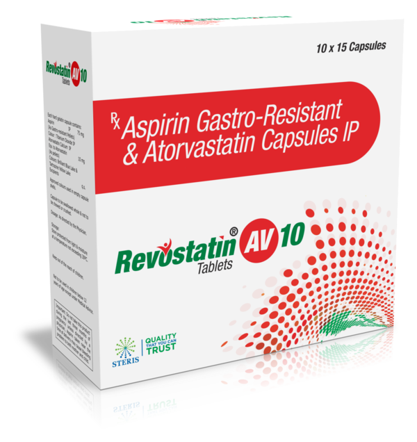 REVOSTATIN AV 10Rosuvastatin (10mg) & Aspirin (75mg)REVOSTATIN AV 10 is a combination medication containing Rosuvastatin (10mg) and Aspirin (75mg). This combination is used to reduce cholesterol levels and prevent cardiovascular events such as heart attack and stroke. This article provides comprehensive information about the uses, dosage, side effects, and other important details of REVOSTATIN AV 10.Ingredients and Mechanism of Action:Rosuvastatin (10mg): It is a statin medication that lowers cholesterol levels in the blood, reducing the risk of heart disease and stroke.Aspirin (75mg): It belongs to a class of drugs known as antiplatelets and helps prevent blood clots by reducing the stickiness of platelets.Uses:REVOSTATIN AV 10 is prescribed to patients with high cholesterol levels and a history of cardiovascular disease or those at high risk of developing cardiovascular complications. It helps lower cholesterol levels and reduces the risk of blood clots, heart attack, and stroke.Dosage:The dosage of REVOSTATIN AV 10 is determined by a healthcare provider based on individual cholesterol levels, medical history, and other factors. It is usually taken orally once daily, with or without food. It's important to follow the prescribed dosage and instructions.Side Effects:Common side effects of REVOSTATIN AV 10 may include headache, stomach upset, muscle pain, or easy bruising. Serious side effects such as allergic reactions, severe stomach bleeding, or signs of liver problems should be reported to a doctor promptly.Precautions:Before taking REVOSTATIN AV 10, inform your doctor about any medical conditions you have, especially bleeding disorders, liver or kidney disease, and any medications or supplements you are taking. Avoid excessive alcohol consumption while using REVOSTATIN AV 10, as it may increase the risk of stomach bleeding.Price and Availability:REVOSTATIN AV 10 is available in pharmacies with a prescription from a healthcare provider. The price may vary depending on the brand, dosage, and location.Conclusion:REVOSTATIN AV 10, a combination medication containing Rosuvastatin (10mg) and Aspirin (75mg), is effective in lowering cholesterol levels and preventing cardiovascular events. It is important to use it as directed and consult a doctor for any concerns or side effects.For further information:Email: info@sterispharma.com / contact@sterispharma.comCall/WhatsApp: 7877551268, 7849827488Buy Now: https://www.sterisonline.com/product/revostatin-av-10-134412