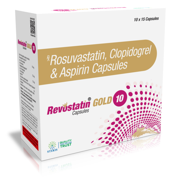 REVOSTATIN GOLD 10 Rosuvastatin (10mg), Clopidogrel (75mg) & Aspirin (75)Revostatin Gold 10 is a combination medication that contains three active ingredients: Rosuvastatin (10mg), Clopidogrel (75mg), and Aspirin (75mg).Rosuvastatin (10mg): As mentioned earlier, Rosuvastatin is a statin medication used to lower cholesterol levels in the blood, thereby reducing the risk of cardiovascular diseases such as heart attacks and strokes.Clopidogrel (75mg): Clopidogrel is an antiplatelet medication that helps prevent blood clots by inhibiting platelet aggregation. By preventing blood clot formation, it reduces the risk of conditions like heart attacks and strokes.Aspirin (75mg): Aspirin is also an antiplatelet medication that works by inhibiting the formation of blood clots. It is commonly used for preventing cardiovascular events like heart attacks and strokes in people at high risk. Aspirin also has analgesic (pain-relieving) and anti-inflammatory properties.The combination of these three medications in Revostatin Gold 10 is often prescribed for patients with a history of cardiovascular events or those at high risk of developing them due to factors such as high cholesterol levels and clot formation. However, the use of this medication should be closely monitored and prescribed by a healthcare professional, as they can evaluate individual health conditions and risks to determine the appropriate treatment plan.For further information:Email: info@sterispharma.com / contact@sterispharma.comCall/WhatsApp: 7877551268, 7849827488Buy Now: https://www.sterisonline.com/product/revostatin-gold-10-134345