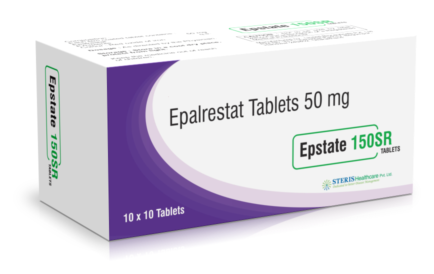 EPSTATE SR 150Epalrestat Tablets ER (50mg)EPSTATE SR 150 is a medication containing Epalrestat Tablets ER (50mg) as its active ingredient. Epalrestat is an aldose reductase inhibitor used primarily in the management of diabetic neuropathy. The sustained-release formulation ensures a steady release of the medication over an extended period, allowing for convenient once-daily dosing.Diabetic neuropathy is a common complication of diabetes characterized by nerve damage, often causing pain, tingling, and numbness in the extremities. Epalrestat works by inhibiting aldose reductase, an enzyme involved in the polyol pathway. By blocking this enzyme, Epalrestat helps prevent the accumulation of sorbitol, a sugar alcohol that can build up in nerve cells and contribute to nerve damage.EPSTATE SR 150 is indicated for the treatment of diabetic neuropathy to alleviate symptoms and potentially slow the progression of nerve damage. By addressing the underlying mechanism of neuropathy, it offers patients relief from pain and discomfort associated with this condition, improving their quality of life.As with any medication, EPSTATE SR 150 may cause side effects such as gastrointestinal disturbances, skin reactions, or liver function abnormalities. Patients should be monitored regularly for these adverse effects, and dosage adjustments may be necessary based on individual response and tolerability.Overall, EPSTATE SR 150 provides an effective treatment option for diabetic neuropathy, offering the convenience of once-daily dosing with its sustained-release formulation. However, it should only be used under the supervision of a healthcare professional and as part of a comprehensive management plan for diabetic neuropathy, which may include lifestyle modifications, blood sugar control, and other therapies aimed at symptom management and preventing further nerve damage.For further information: EMAIL: info@sterispharma.com / contact@sterispharma.com CALL/WHATSAPP: 7877551268, 7849827488 Order Nowhttps://www.sterisonline.com/product/epstate-sr-150-133910