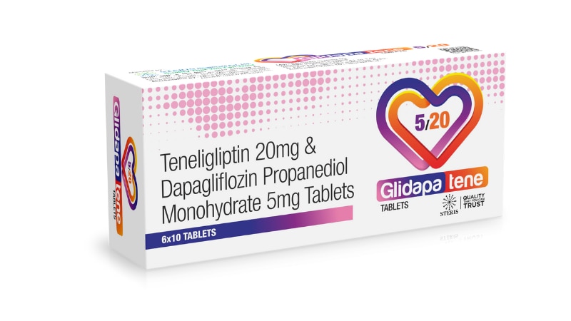 GLIDAPA TENE 5/20 Teneligliptin 20mg & Dapagliflozin Propanediol Monohydrate 5mgIntroductionGLIDAPA TENE 5/20 is an advanced combination medication tailored for the management of Type 2 diabetes. This oral formulation brings together Teneligliptin (20 mg) and Dapagliflozin Propanediol Monohydrate (5 mg), optimizing glucose control through dual mechanisms of action.How It WorksTeneligliptin (20 mg): As a DPP-4 inhibitor, Teneligliptin enhances the body’s natural insulin response after meals. It works by prolonging the activity of incretin hormones, which increase insulin release and decrease glucagon production, particularly post-prandially. This results in a reduction of blood glucose spikes.Dapagliflozin Propanediol Monohydrate (5 mg): Functioning as an SGLT2 inhibitor, Dapagliflozin helps the kidneys eliminate glucose from the bloodstream through the urine. This not only lowers blood sugar levels but also assists in weight management and may have cardiovascular benefits.BenefitsThe combination of Teneligliptin and Dapagliflozin in GLIDAPA TENE 5/20 offers a potent therapeutic approach by attacking diabetes on two fronts. This enhances glycemic control, reduces the risk of hypoglycemia compared to other therapies, and can contribute to weight loss — a beneficial side effect for many individuals with Type 2 diabetes.Dosage and AdministrationDosage: Typically prescribed as one tablet per day, the dosage may need adjustments based on individual efficacy and tolerability.Administration: GLIDAPA TENE 5/20 should be taken in the morning, with or without food. Consistency in the timing of dosage is crucial for maintaining steady drug levels and optimizing effectiveness.Side EffectsCommon side effects include urinary tract infections and genital infections due to increased sugar in urine, and potential gastrointestinal issues like nausea. Dehydration is a risk factor due to the diuretic effect of Dapagliflozin, making it important for patients to maintain adequate hydration.ConclusionGLIDAPA TENE 5/20 represents a significant advancement in the treatment of Type 2 diabetes, combining two effective drugs that provide complementary actions to improve blood sugar control. This combination can simplify the treatment regimen, enhance patient adherence, and lead to better overall management of diabetes. Patients should engage closely with their healthcare providers to tailor the treatment plan to their specific needs and monitor their health closely to optimize outcomes.For further information: EMAIL: info@sterispharma.com / contact@sterispharma.com CALL/WHATSAPP: 7877551268, 7849827488 Order Nowhttps://www.sterisonline.com/product/glidapa-tene-5-20-134232